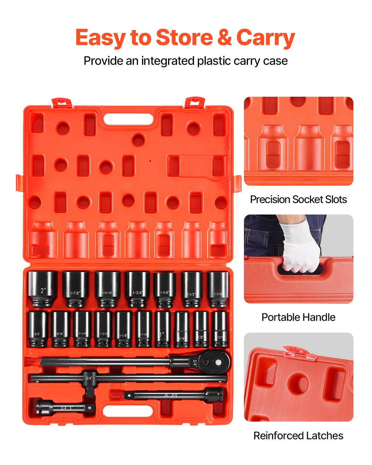 VEVOR Impact Socket Set 3/4 Inches 22 Piece Deep Impact Sockets, Socket Assortment 3/4 Inches Drive Socket Set Impact Standard SAE Sizes 7/8 Inches to 2 Inches Includes Adapters and Ratchet Handle