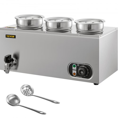 VEVOR 110V Commercial Food Warmer 12.6 Qt Capacity, 800W Electric Soup Warmer Adjustable Temp.86-185℉, Stainless Steel Countertop Soup Pot with Tap, Bain Marie Food Warmer for Cheese/Hot Dog/Rice