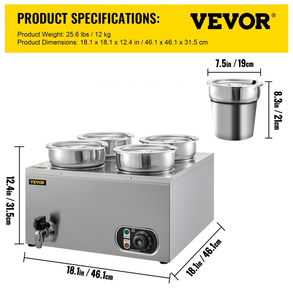 VEVOR Commercial Soup Warmer Soup Station w/ 4x4L Round Pots, Soup Kettle Warmer
