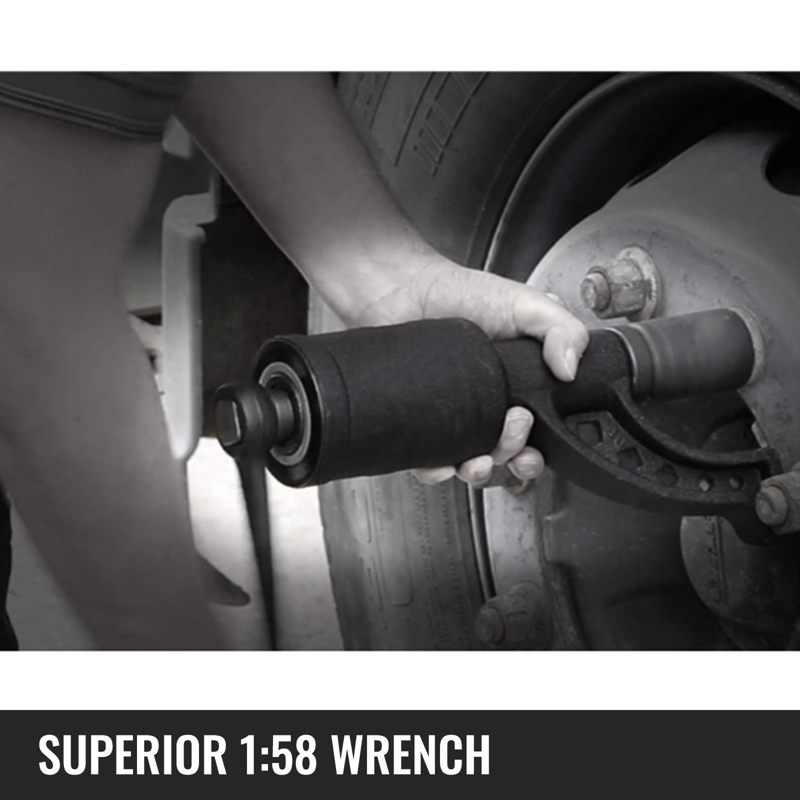 VEVOR torque multiplier being used on a truck wheel with the text &quot;superior 1:58 wrench&quot;.