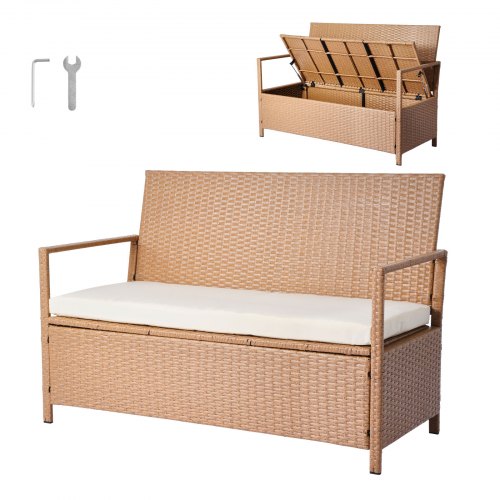 Outdoor Storage Bench PE Rattan 70Gal Deck Box Waterproof Outdoor Seat & Storage