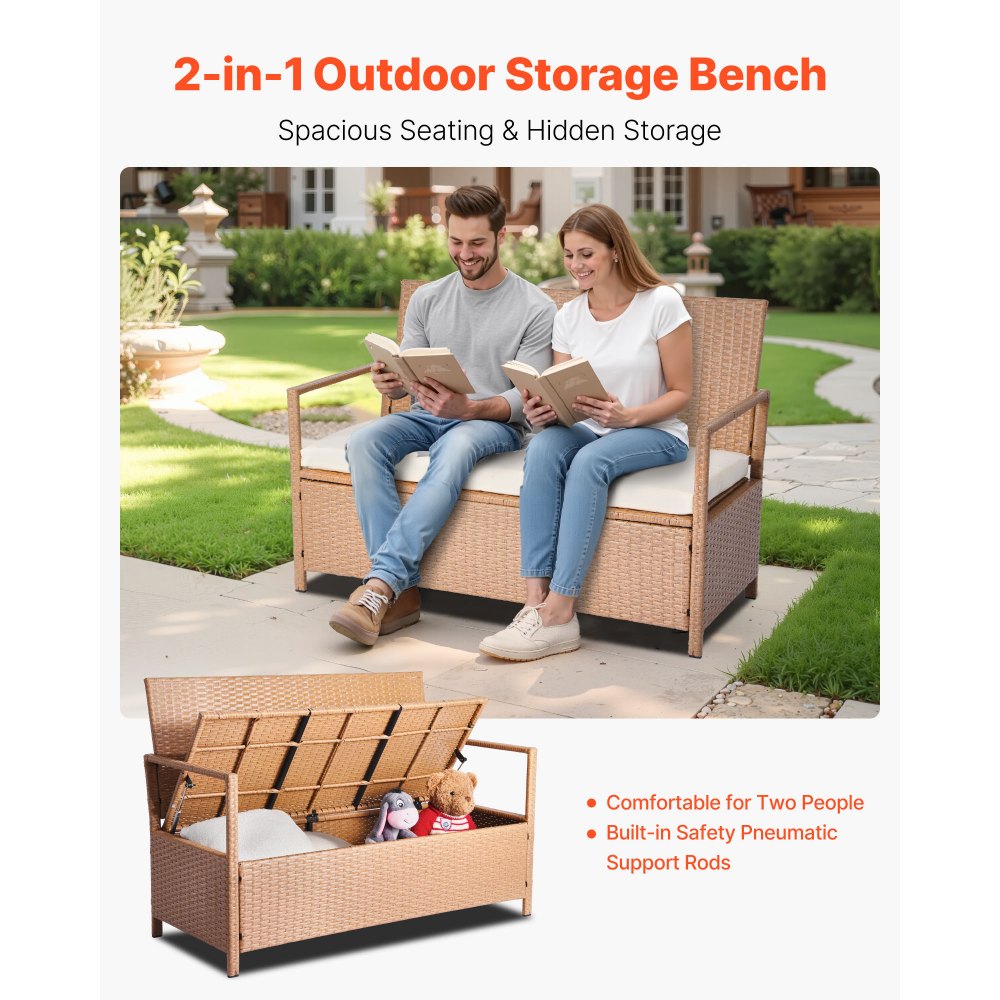 VEVOR Outdoor Storage Bench, 2-Person PE Rattan Storage Bench, 265L Deck Box with Cushion, Supports up to 120 kg, Weatherproof Outdoor Seating & Porch Decor for Patio Garden Balcony Yard