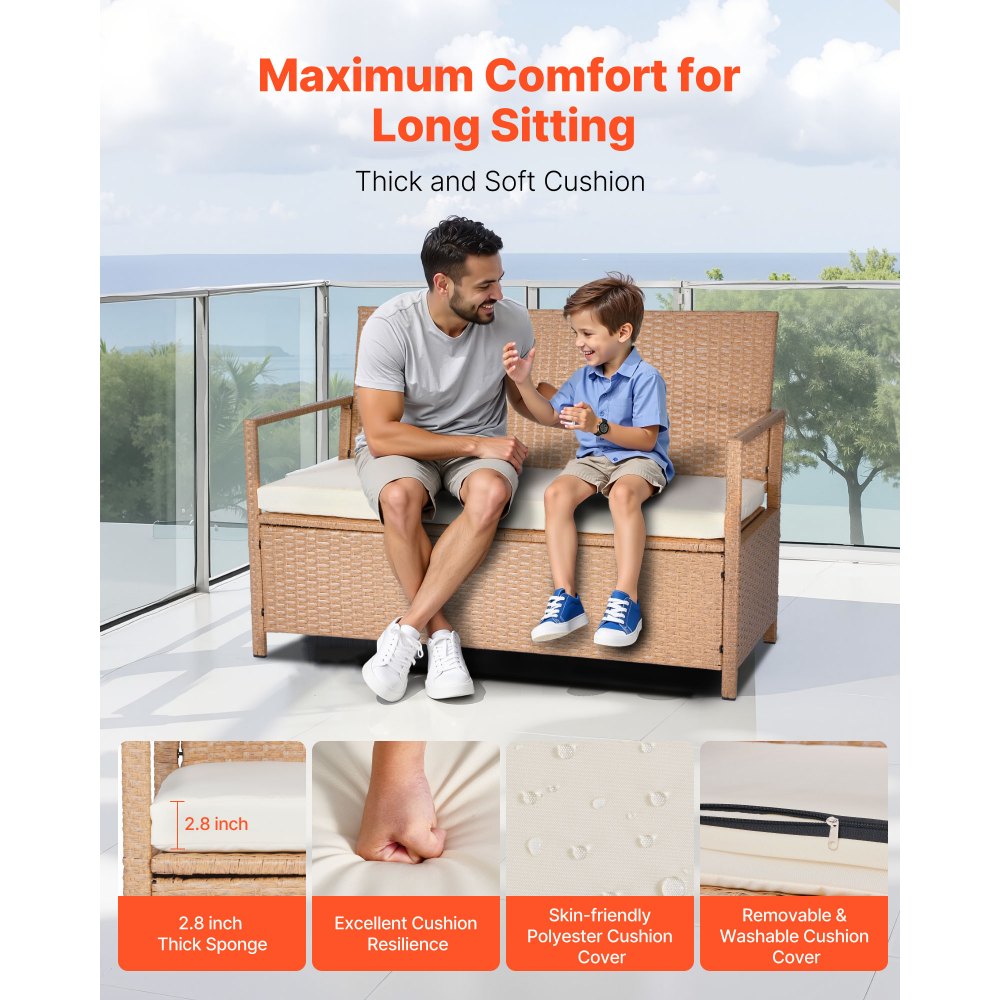 VEVOR Outdoor Storage Bench, 2-Person PE Rattan Storage Bench, 265L Deck Box with Cushion, Supports up to 120 kg, Weatherproof Outdoor Seating & Porch Decor for Patio Garden Balcony Yard