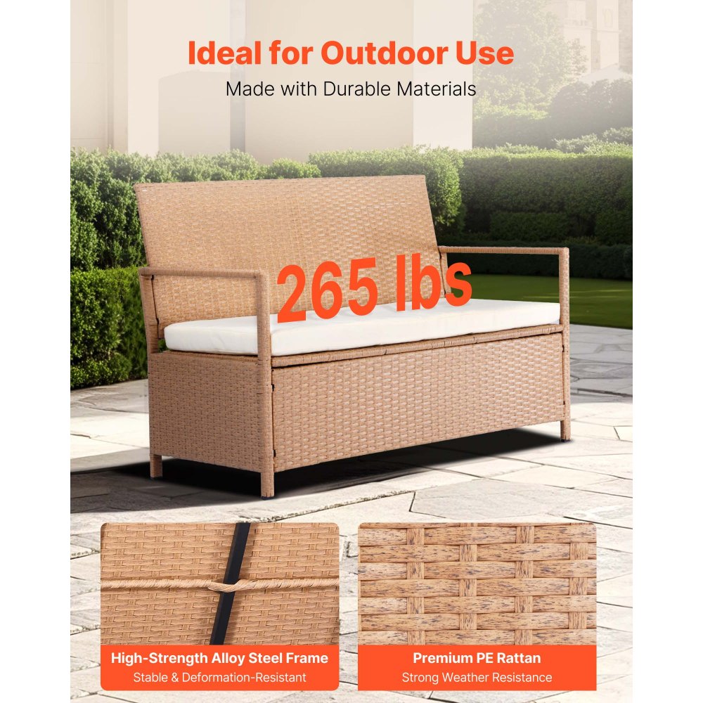 VEVOR Outdoor Storage Bench, 2-Person PE Rattan Storage Bench, 265L Deck Box with Cushion, Supports up to 120 kg, Weatherproof Outdoor Seating & Porch Decor for Patio Garden Balcony Yard