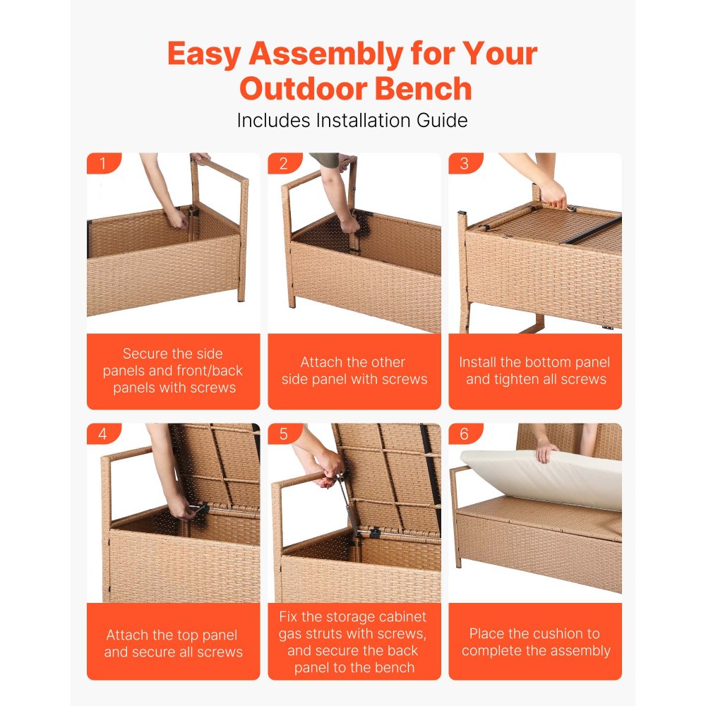 VEVOR Outdoor Storage Bench, 2-Person PE Rattan Storage Bench, 265L Deck Box with Cushion, Supports up to 120 kg, Weatherproof Outdoor Seating & Porch Decor for Patio Garden Balcony Yard