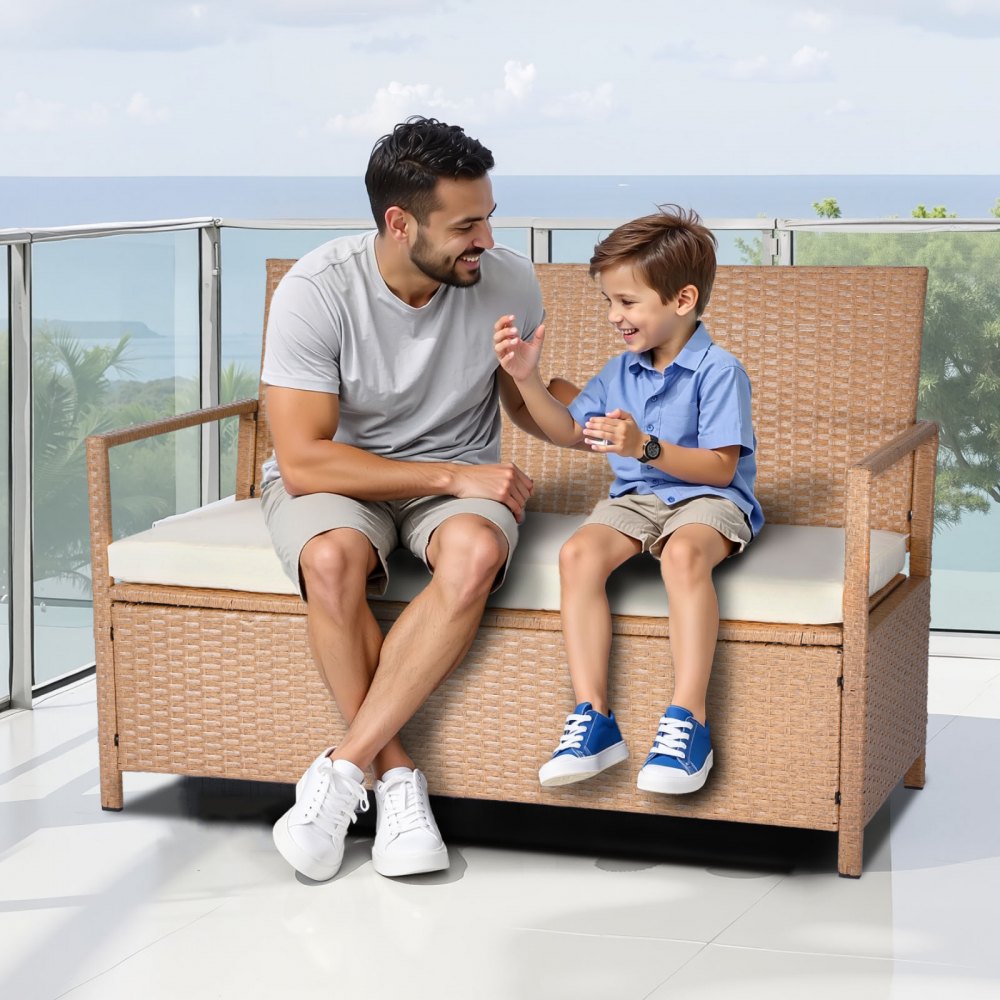 VEVOR Outdoor Storage Bench, 2-Person PE Rattan Storage Bench, 265L Deck Box with Cushion, Supports up to 120 kg, Weatherproof Outdoor Seating & Porch Decor for Patio Garden Balcony Yard