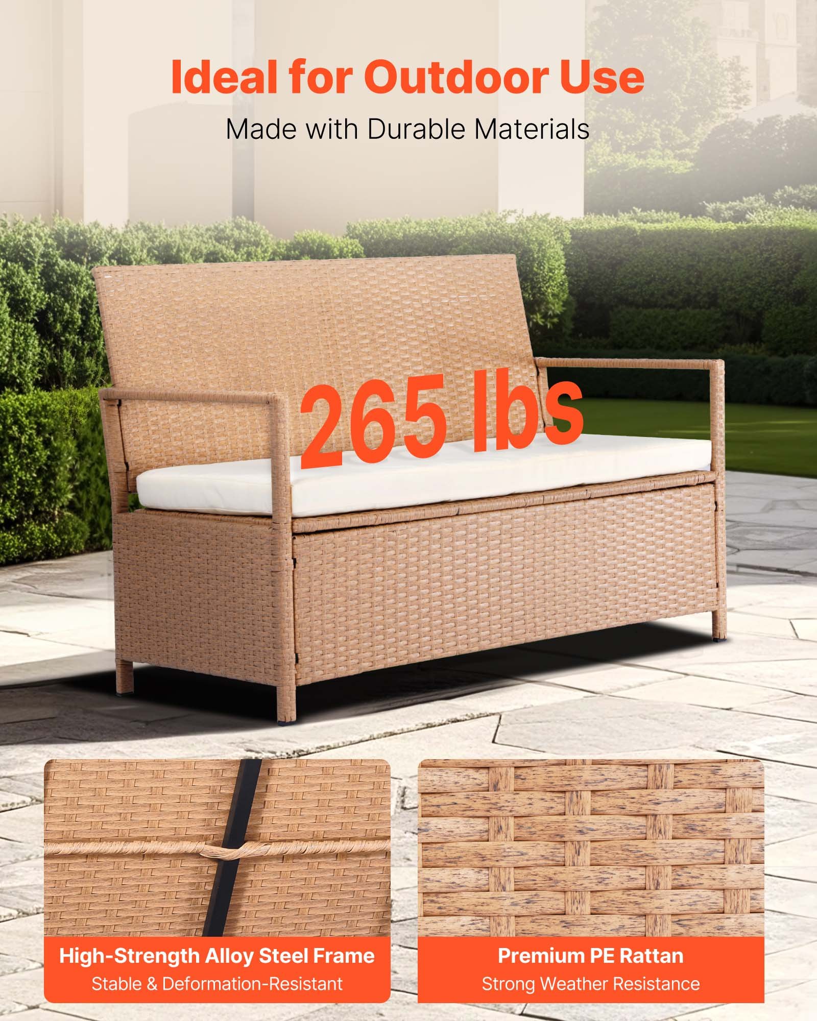 VEVOR Outdoor Storage Bench, 2-Person PE Rattan Storage Bench, 265L Deck Box with Cushion, Supports up to 120 kg, Weatherproof Outdoor Seating & Porch Decor for Patio Garden Balcony Yard