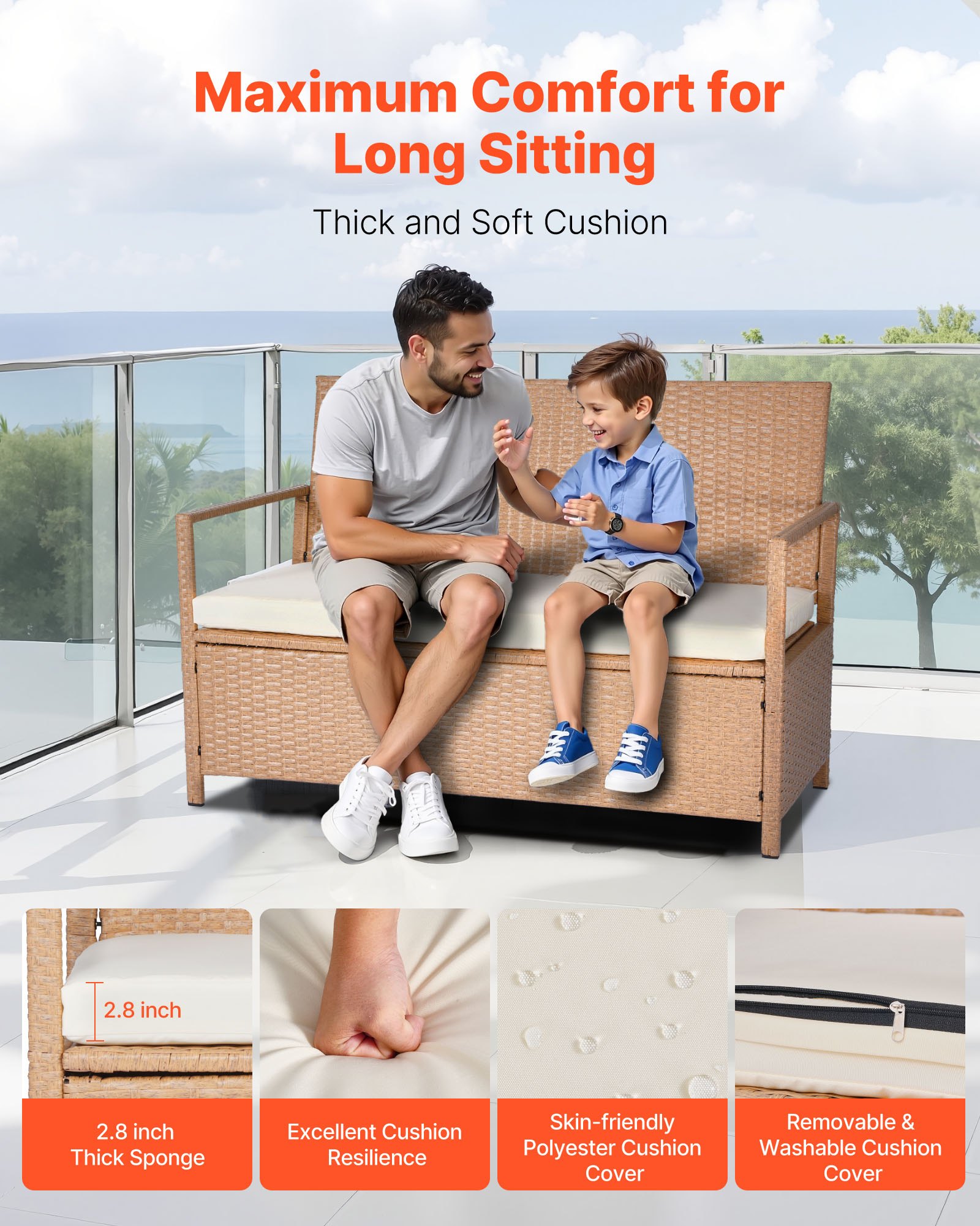 VEVOR Outdoor Storage Bench, 2-Person PE Rattan Storage Bench, 265L Deck Box with Cushion, Supports up to 120 kg, Weatherproof Outdoor Seating & Porch Decor for Patio Garden Balcony Yard