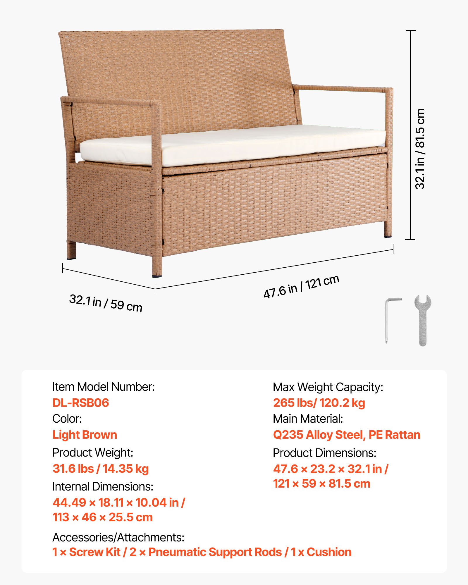 VEVOR Outdoor Storage Bench, 2-Person PE Rattan Storage Bench, 265L Deck Box with Cushion, Supports up to 120 kg, Weatherproof Outdoor Seating & Porch Decor for Patio Garden Balcony Yard