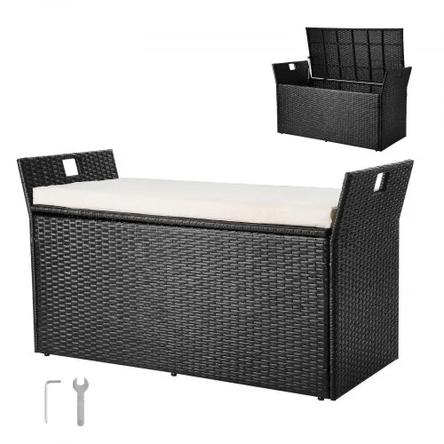 VEVOR Outdoor Storage Bench, 2-Person PE Rattan Storage Bench, 90 Gal Deck Box with Cushion &  Side Handles, Supports up to 800 lbs, Weatherproof Outdoor Seating & Porch Decor for Patio Garden Balcony