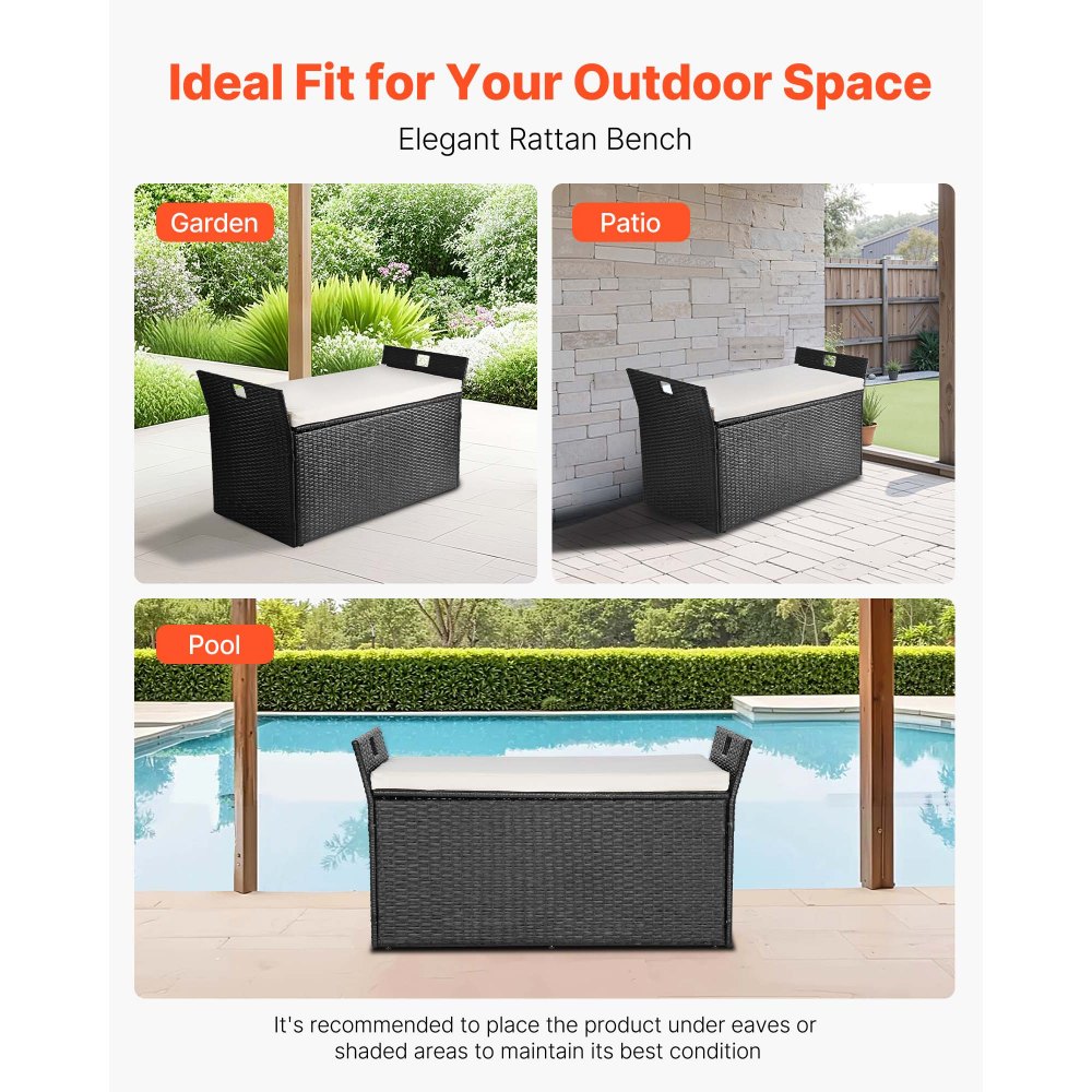 VEVOR Outdoor Storage Bench, 2-Person PE Rattan Storage Bench, 90 Gal Deck Box with Cushion &  Side Handles, Supports up to 800 lbs, Weatherproof Outdoor Seating & Porch Decor for Patio Garden Balcony