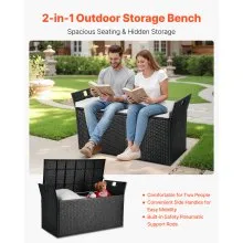 VEVOR Outdoor Storage Bench PE Rattan 90 Gal Deck Box Waterproof Outdoor Seat