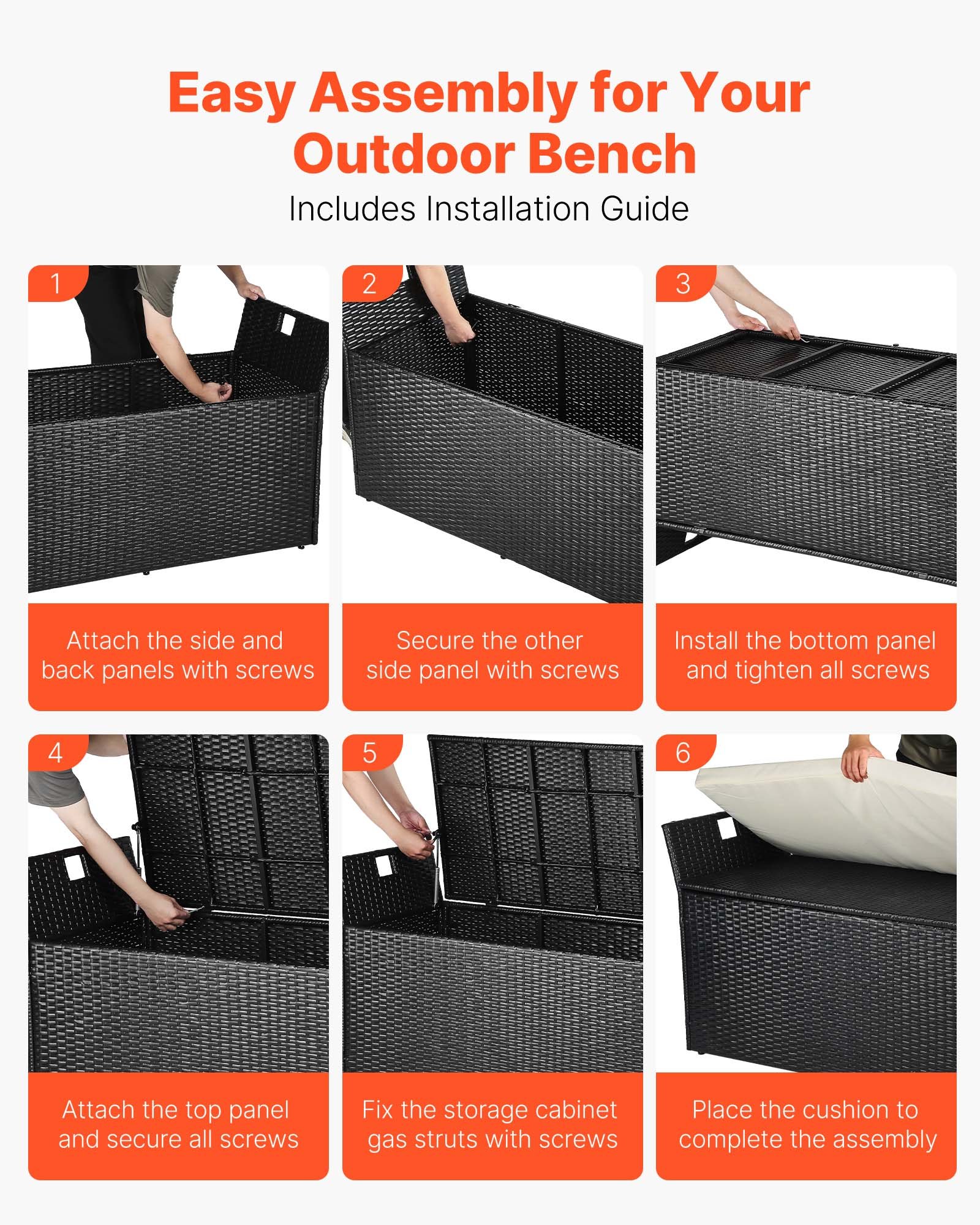 VEVOR Outdoor Storage Bench, 2-Person PE Rattan Storage Bench, 90 Gal Deck Box with Cushion &  Side Handles, Supports up to 800 lbs, Weatherproof Outdoor Seating & Porch Decor for Patio Garden Balcony