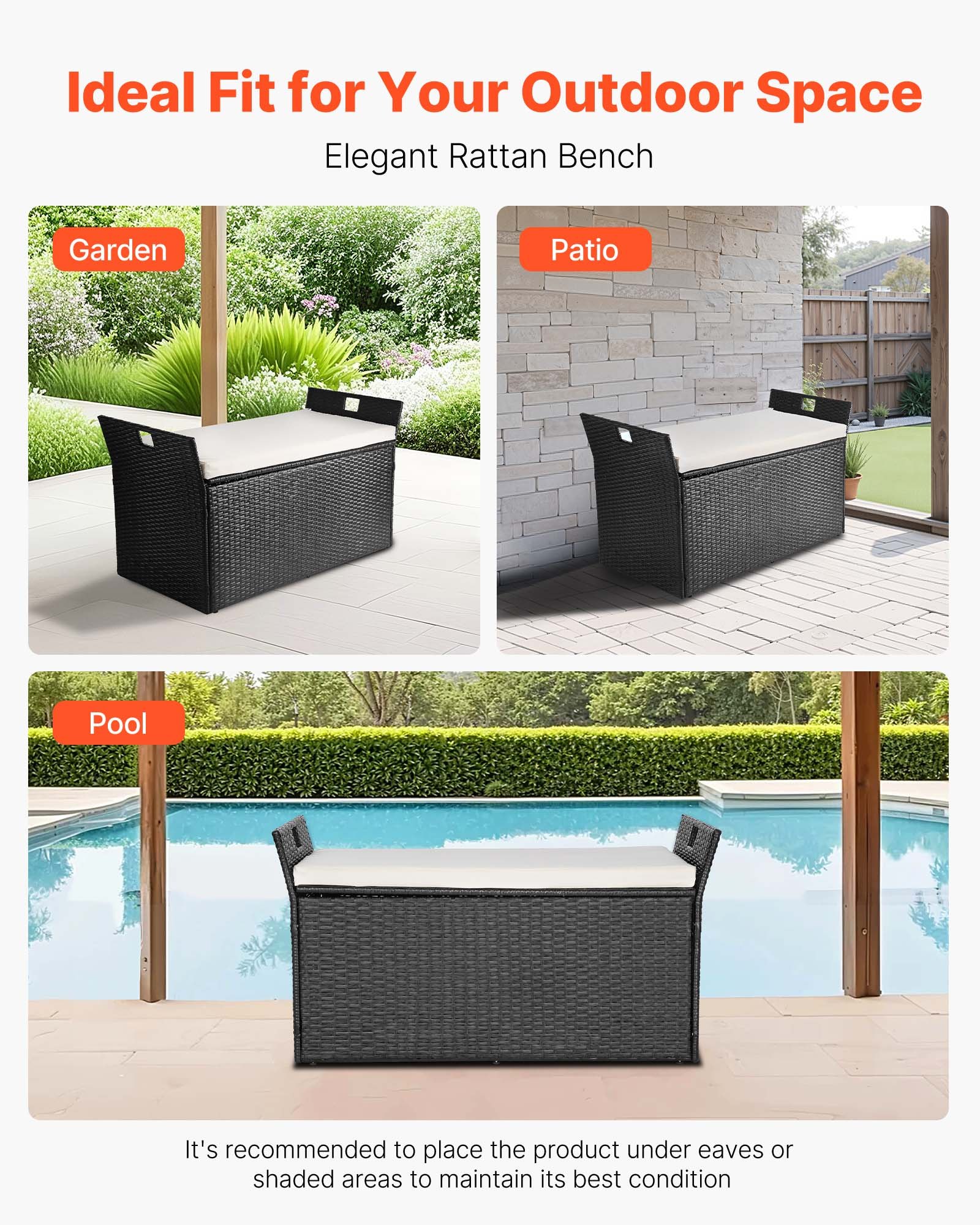 VEVOR Outdoor Storage Bench, 2-Person PE Rattan Storage Bench, 90 Gal Deck Box with Cushion &  Side Handles, Supports up to 800 lbs, Weatherproof Outdoor Seating & Porch Decor for Patio Garden Balcony