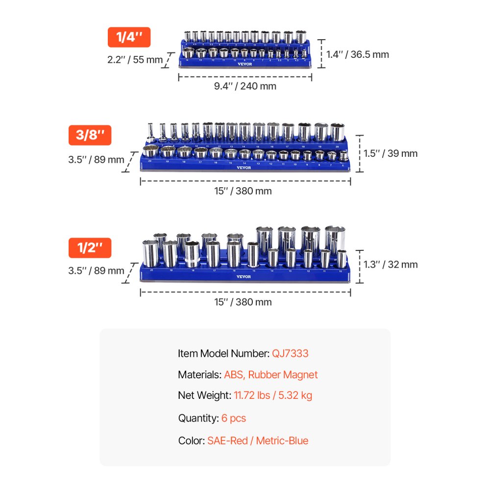 VEVOR Magnetic Socket Organizer Set, 6PCS Socket Holder, 1/4'', 3/8'' & 1/2'' Metric SAE Socket Trays with Clear Labels, Hold up to 143PCS Standard & Deep Sockets, Blue & Red (Sockets Not Included)