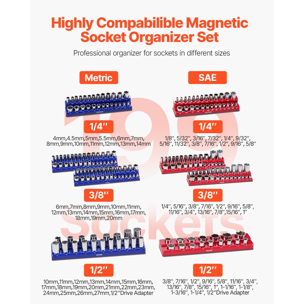 VEVOR Magnetic Socket Organizer Set, 8PCS Socket Holder, 1/4'', 3/8'' & 1/2'' Metric SAE Socket Trays with Clear Labels, Hold up to 199PCS Standard & Deep Sockets, Blaue & Red (Sockets Not Included)