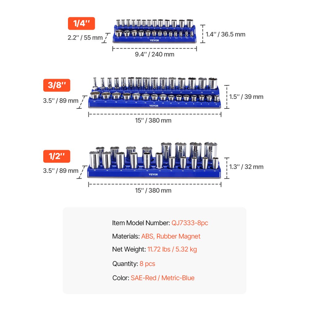 VEVOR Magnetic Socket Organizer Set, 8PCS Socket Holder, 1/4'', 3/8'' & 1/2'' Metric SAE Socket Trays with Clear Labels, Hold up to 199PCS Standard & Deep Sockets, Blaue & Red (Sockets Not Included)