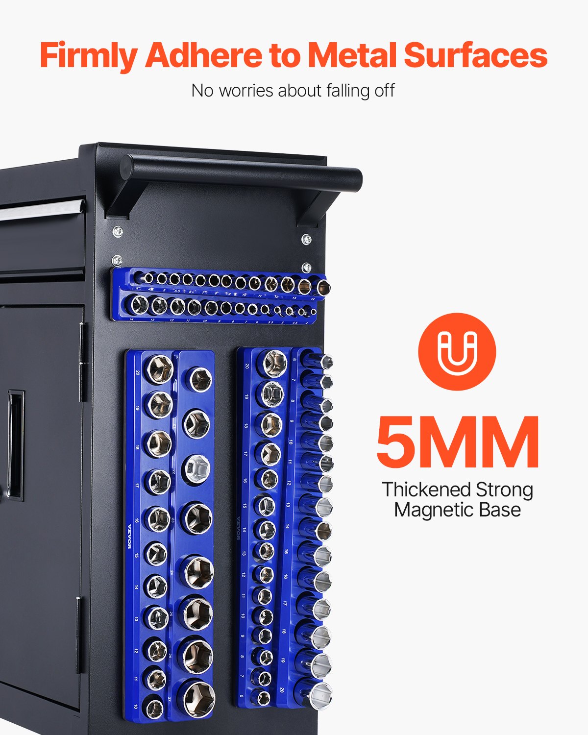 VEVOR Magnetic Socket Organizer Set, 3PCS Magnetic Socket Holder, 1/4'', 3/8'' & 1/2'' Metric Socket Trays with Clear Labels, Hold up to 75PCS Standard & Deep Sockets, Blue (Sockets Not Included)