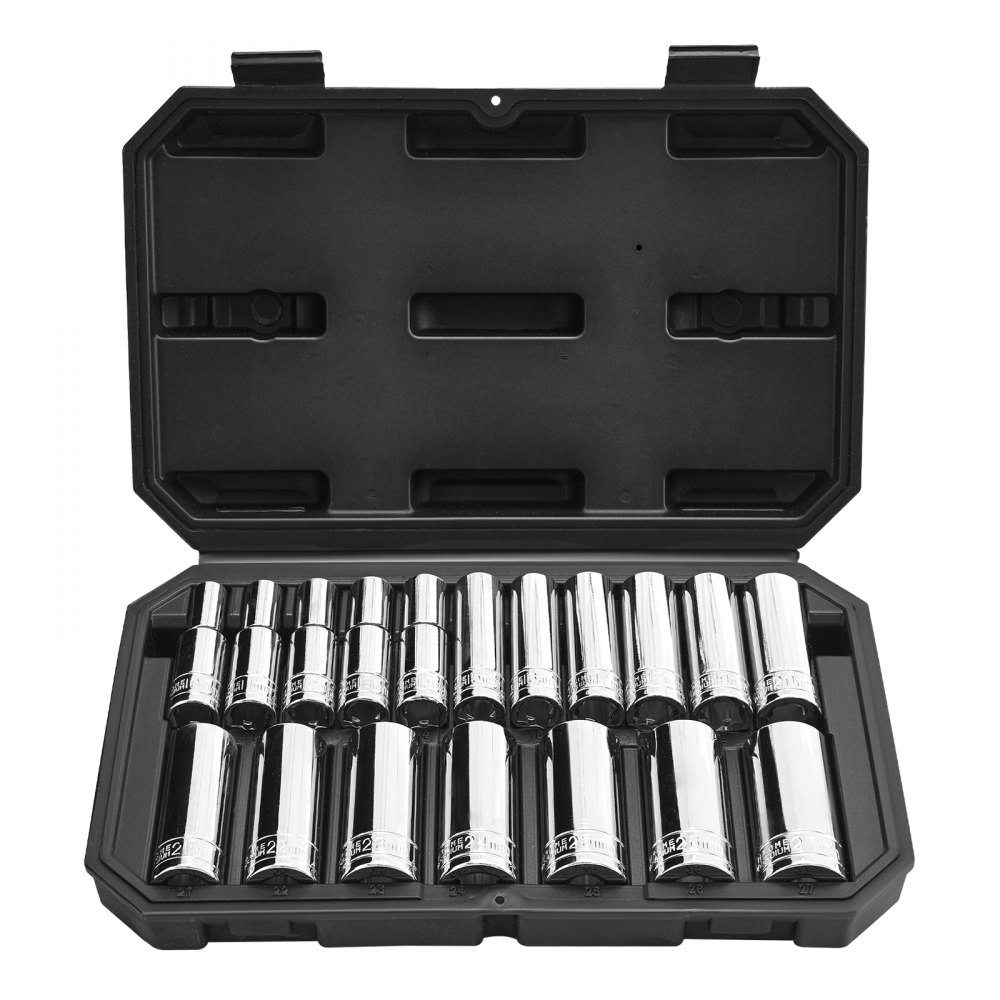 VEVOR Socket Set, 18 Pieces, 12.7 mm Drive Socket Tool Set, Metric Size from 10 to 27 mm, Mechanic Tool Kit with Storage Case, Clear Markings, Chrome Plated CR-V Alloy Steel, for Automotive Repair