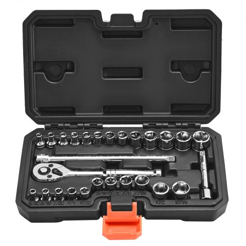 VEVOR Socket Set, 27 Pieces, 6.4 mm Drive Socket and Ratchet Set, SAE and Metric, Mechanic Tool Kit with Ratchet Wrench, Extension Bar and Storage Case, CR-V Alloy Steel, for Automotive Repair