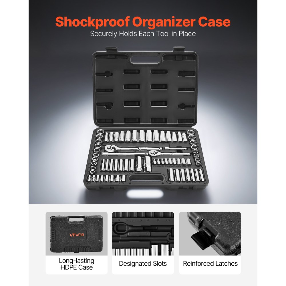 VEVOR Socket Set, 69 Pieces, 9.5 & 6.4 mm Drive Socket and Ratchet Set, SAE and Metric, Deep and Standard, Mechanic Tool Kit with Accessories and Storage Case, CR-V Alloy Steel, for Auto Repair