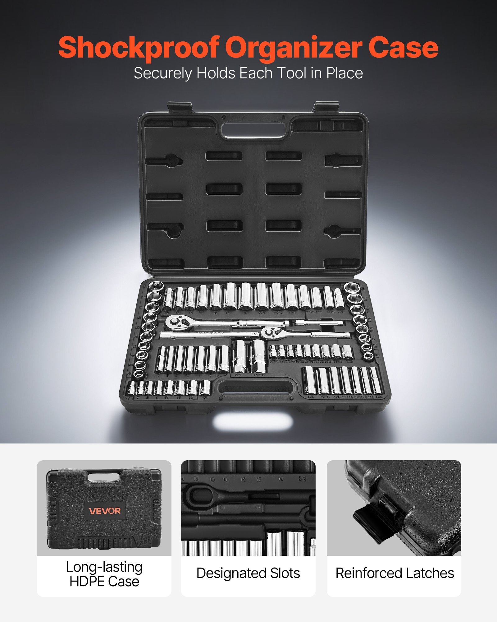 VEVOR Socket Set, 69 Pieces, 9.5 & 6.4 mm Drive Socket and Ratchet Set, SAE and Metric, Deep and Standard, Mechanic Tool Kit with Accessories and Storage Case, CR-V Alloy Steel, for Auto Repair