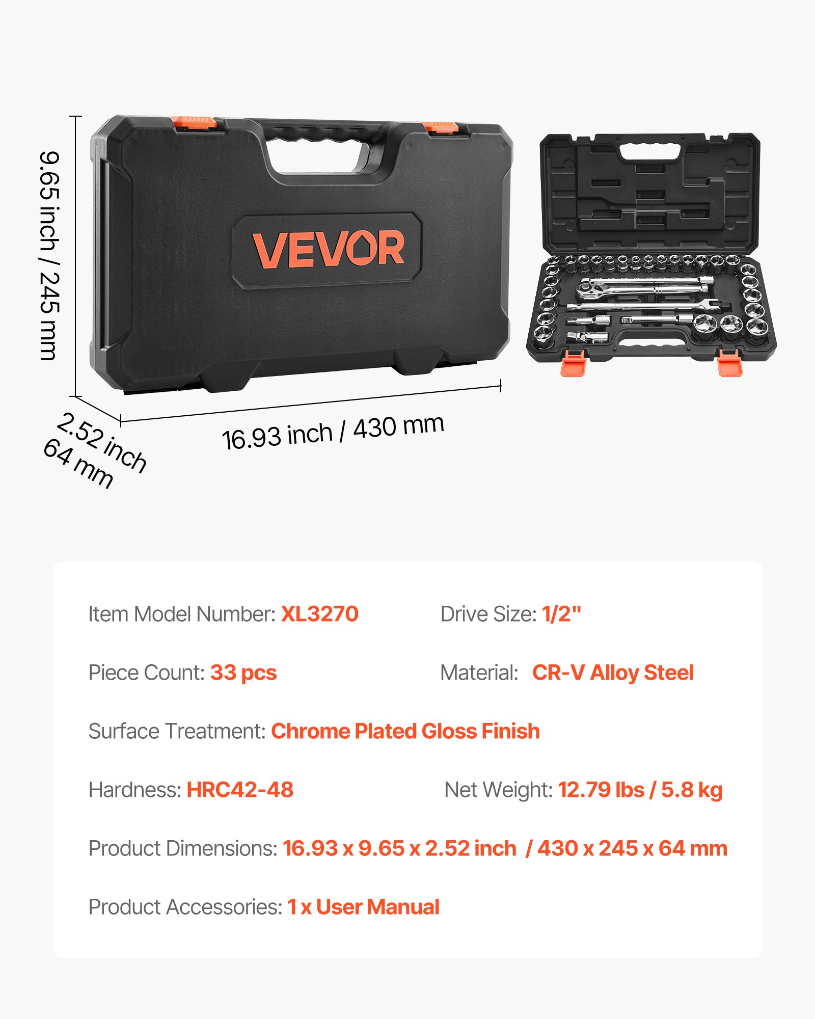 VEVOR Socket Set, 33 Pieces, 12.7 mm Drive Socket and Ratchet Set, SAE and Metric, Mechanic Tool Kit with Ratchet Wrench, Extension Bar and Storage Case, CR-V Alloy Steel, for Automotive Repair