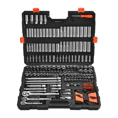 VEVOR Socket Set, 225 Pieces, 3/8 & 1/4 & 1/2 inch Drive Socket and Ratchet Set, SAE and Metric, Deep and Shallow, Mechanic Tool Kit with Bits, Accessories, Storage Case, CR-V Alloy Steel, for Repair