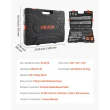 VEVOR Socket Set, 225 Pieces, 9.5 & 6.4 & 12.7 mm Drive Socket and Ratchet Set, SAE and Metric, Deep and Shallow, Mechanic Tool Kit with Bits, Accessories, Storage Case, CR-V Alloy Steel, for Repair