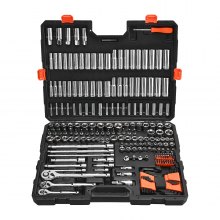 VEVOR Socket Set, 225 Pieces, 3/8 & 1/4 & 1/2 inch Drive Socket and Ratchet Set, SAE and Metric, Deep and Shallow, Mechanic Tool Kit with Bits, Accessories, Storage Case, CR-V Alloy Steel, for Repair