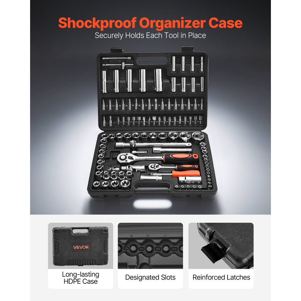 VEVOR Socket Set, 108 Pieces, 6.4 & 12.7 mm Drive Socket and Ratchet Set, Metric Size from 4 to 32 mm, Mechanic Tool Kit with Bits, Accessories, Storage Case, CR-V Alloy Steel, for Automotive Repair