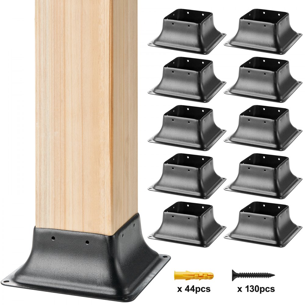 VEVOR Post Base 4x4 10Pcs, Internal 3.6"x3.6" Heavy Duty Powder-Coated Steel Post Bracket Fit for Standard Wood Post Anchor, Decking Post Base for Deck Porch Handrail Railing Support