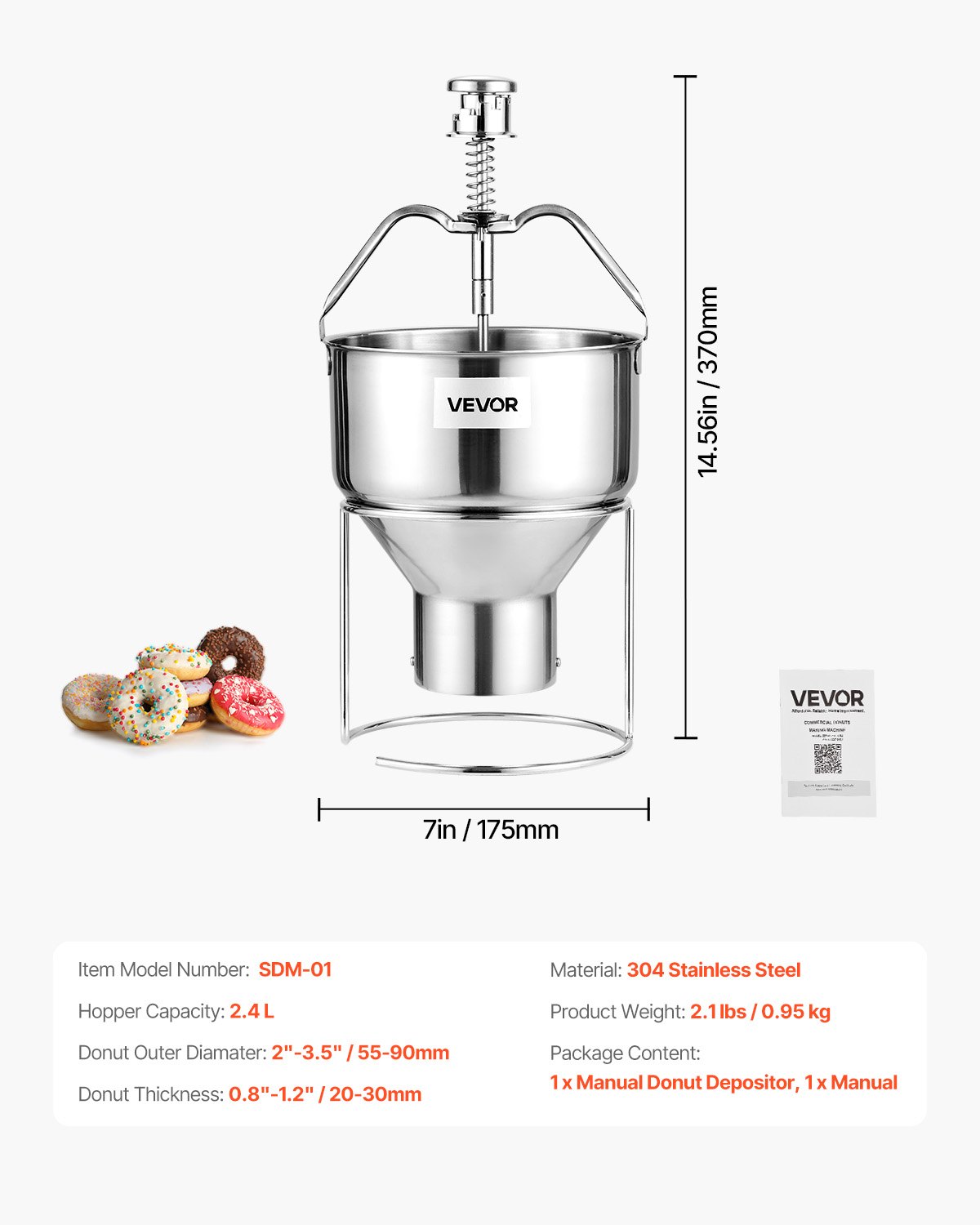 VEVOR Donut Depositor, Large Capacity Manual Donuts Dropper, 304 Stainless Steel Commercial Batter Dispenser, 6 Thicknesses Adjustment Doughnut Hopper with Stand, For Restaurant Cafe Bakery Kitchen