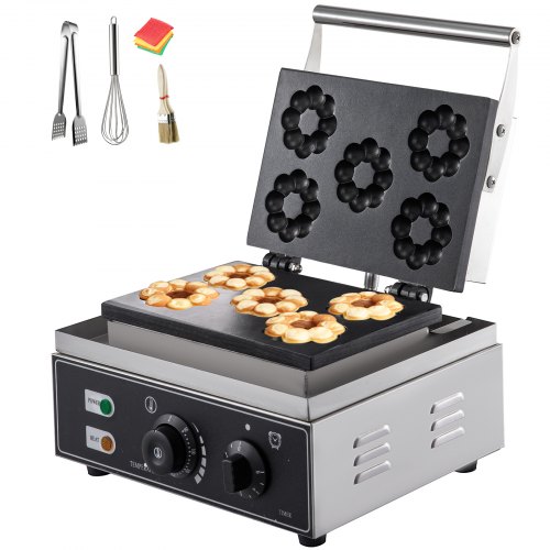 VEVOR 110V Commercial Donut Machine Plum Flower 5 Holes Double-Sided Heating 50-300℃, Electric Doughnut Maker 1500W, Non-stick Waffle Iron Teflon-Coating Professional Kitchen (Depth:0.55",Dia:2.95")