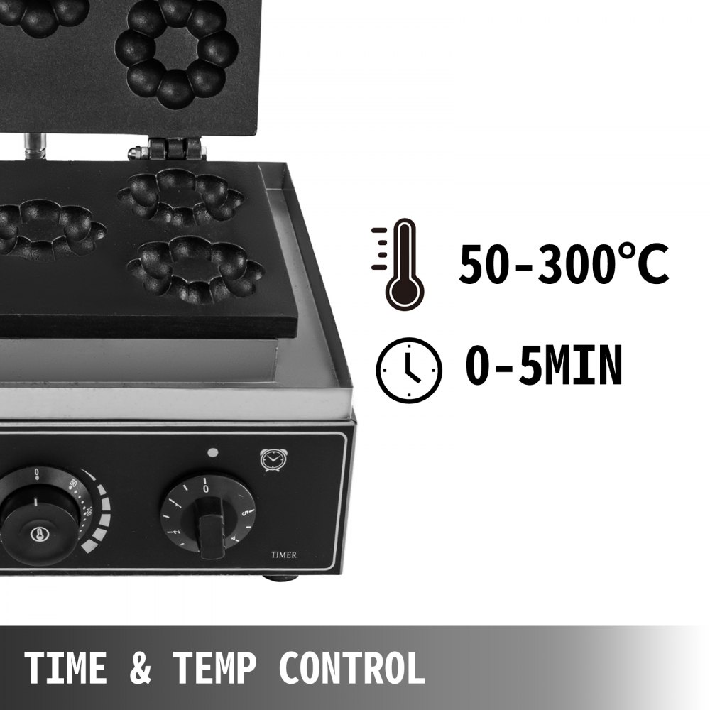 VEVOR 110V Commercial Donut Machine Plum Flower 5 Holes Double-Sided Heating 50-300℃, Electric Doughnut Maker 1500W, Non-stick Waffle Iron Teflon-Coating Professional Kitchen (Depth:0.55",Dia:2.95")