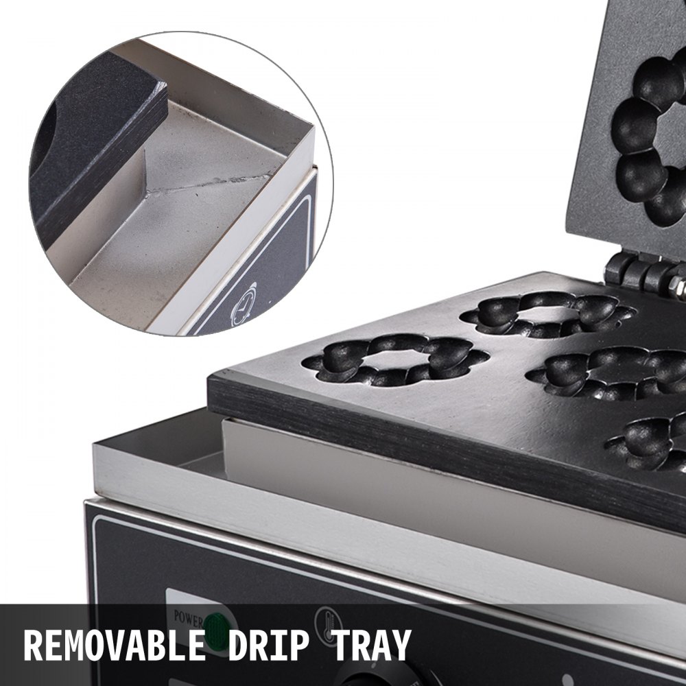 VEVOR 110V Commercial Donut Machine Plum Flower 5 Holes Double-Sided Heating 50-300℃, Electric Doughnut Maker 1500W, Non-stick Waffle Iron Teflon-Coating Professional Kitchen (Depth:0.55",Dia:2.95")