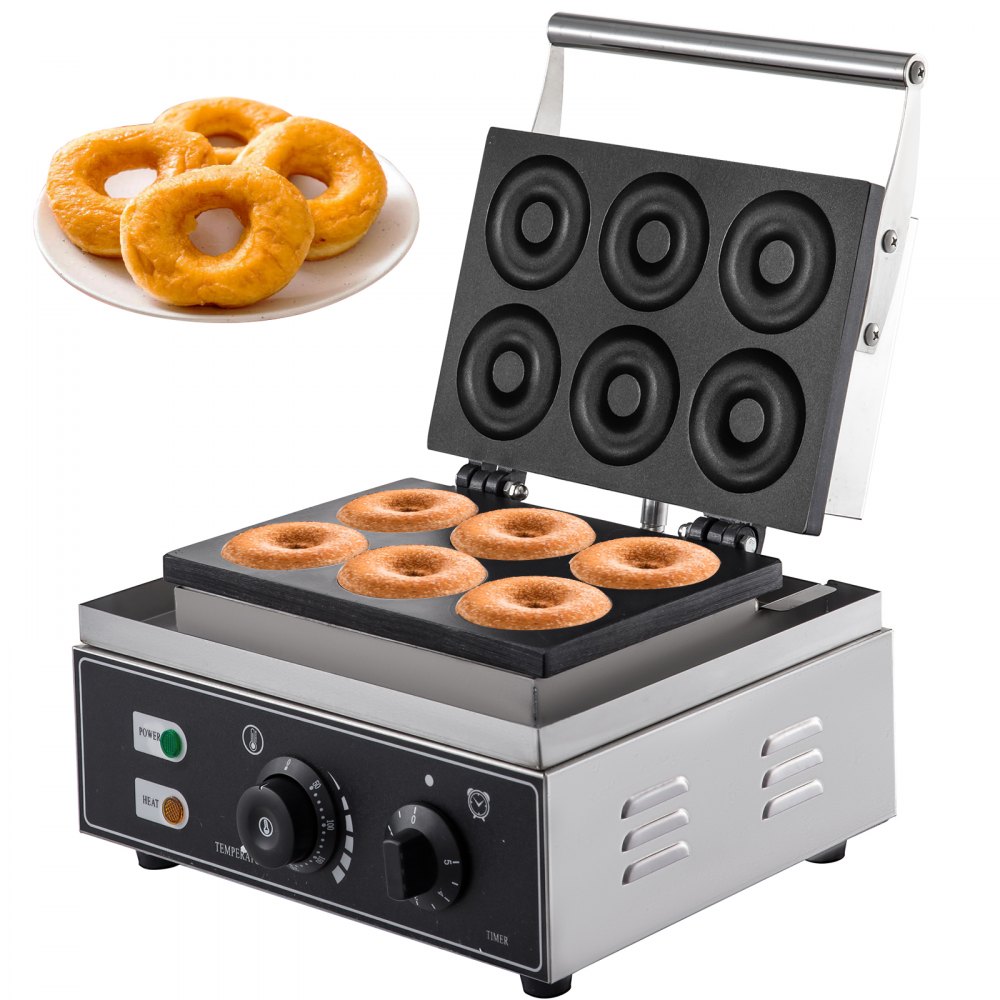 VEVOR 110V Commercial Waffle Donut Machine Holes Double-Sided Heating  50-300℃, Electric Doughnut Maker 1550W, Non-stick Donut MakerTeflon-Coating  for Professional Kitchen (Depth:0.55
