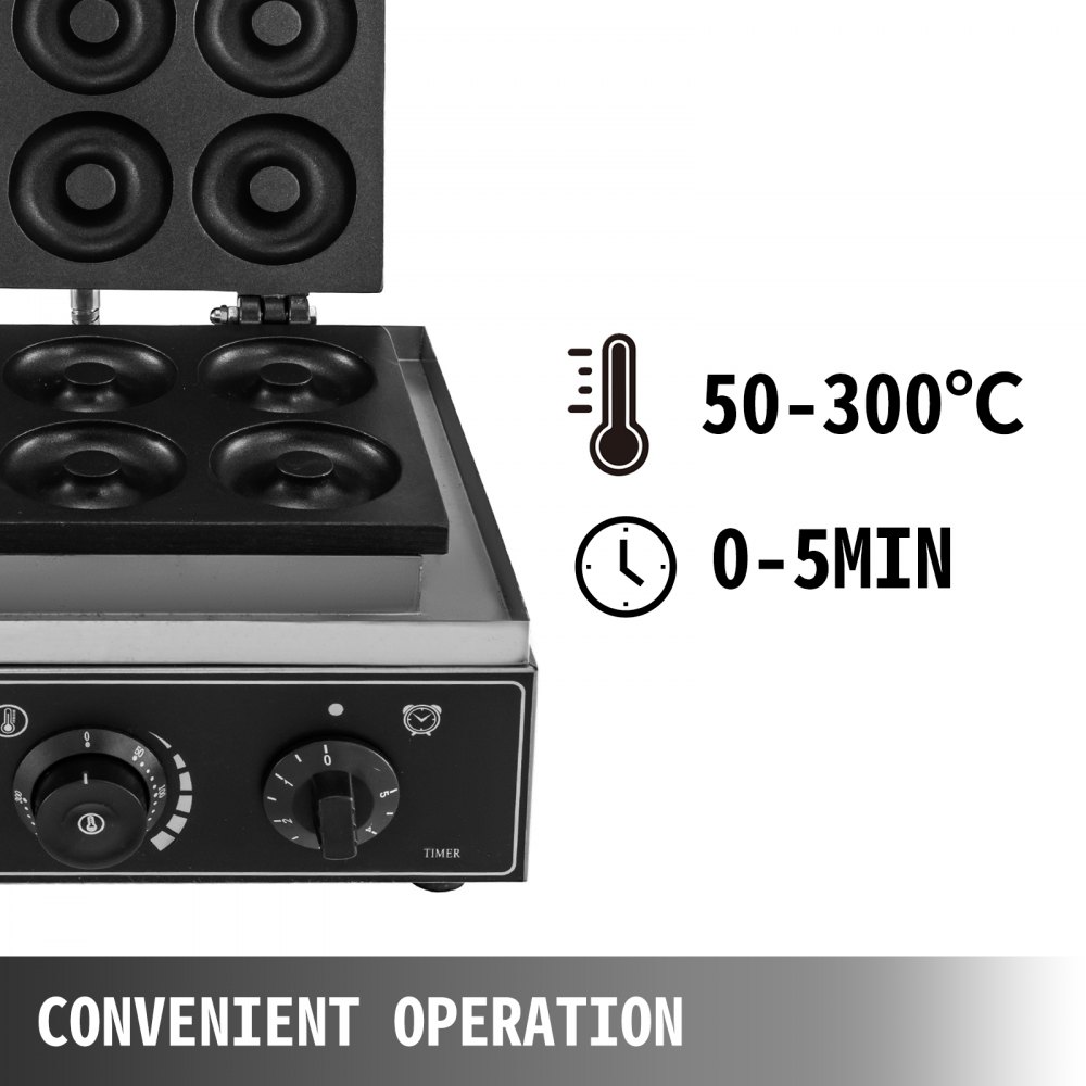 VEVOR 110V Commercial Waffle Donut Machine 6 Holes Double-Sided Heating 50-300℃, Electric Doughnut Maker 1550W, Non-stick Donut MakerTeflon-Coating for Professional Kitchen (Depth:0.55\",Dia:2.95\")