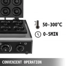 VEVOR 110V Commercial Waffle Donut Machine 6 Holes Double-Sided Heating 50-300℃, Electric Doughnut Maker 1550W, Non-stick Donut MakerTeflon-Coating for Professional Kitchen (Depth:0.55",Dia:2.95")