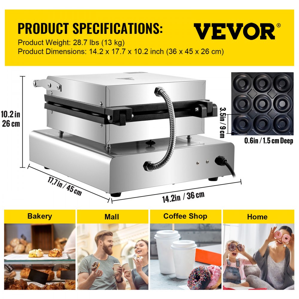 VEVOR electric donut maker: 28.7 lbs, 14.2x17.7x10.2 inches, ideal for bakery, mall, home.