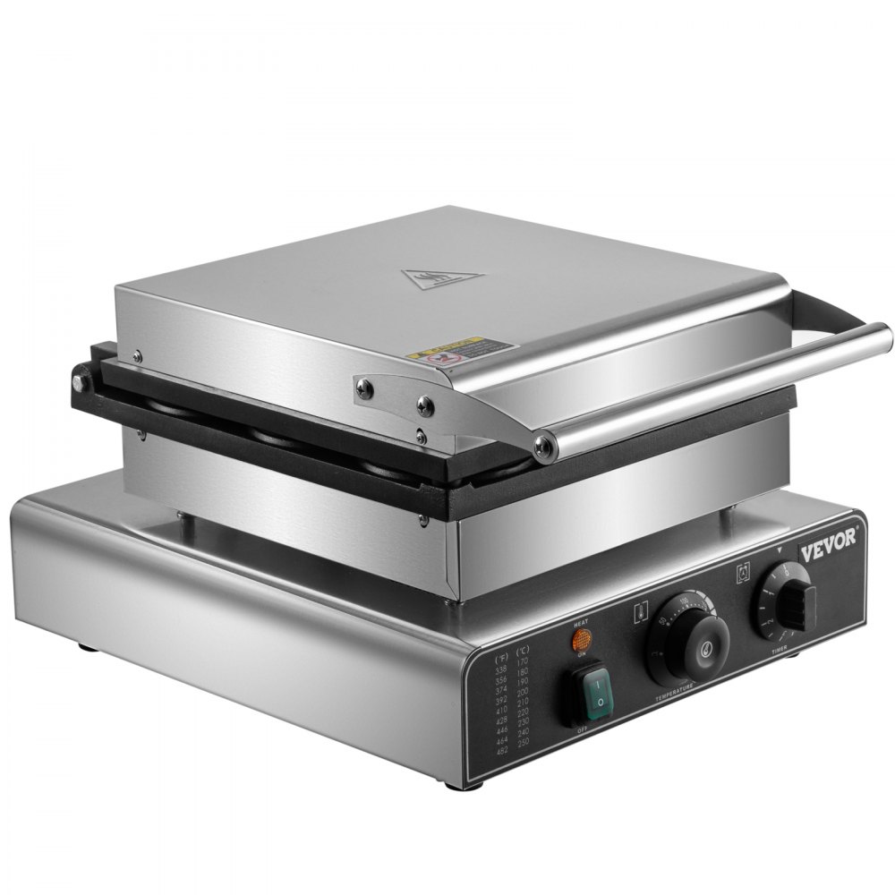 VEVOR electric donut maker stainless steel with control knobs and temperature settings.