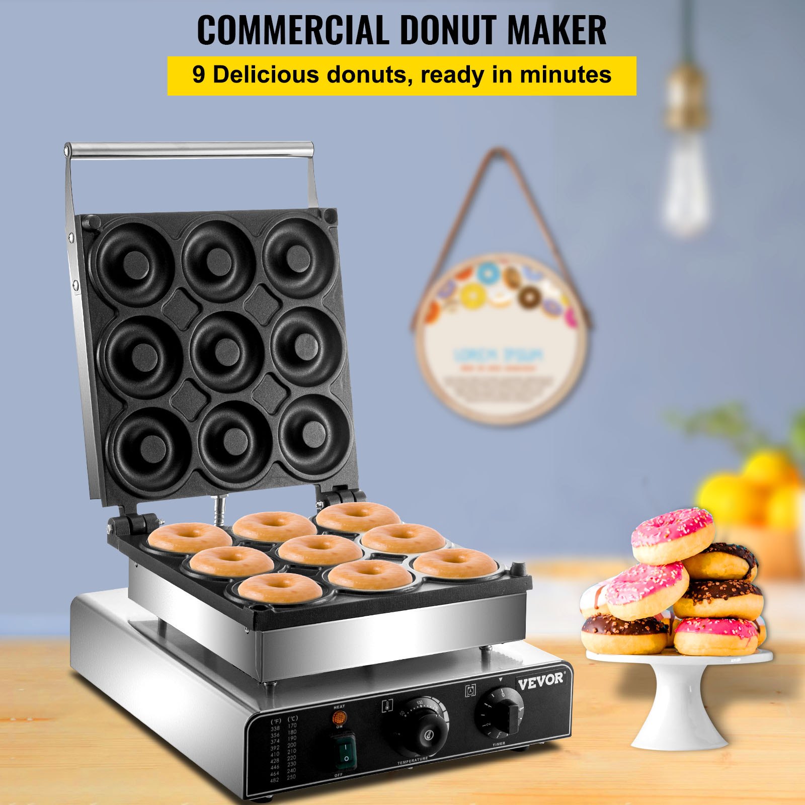VEVOR electric donut maker with 9 freshly baked donuts, assorted donuts on a stand.