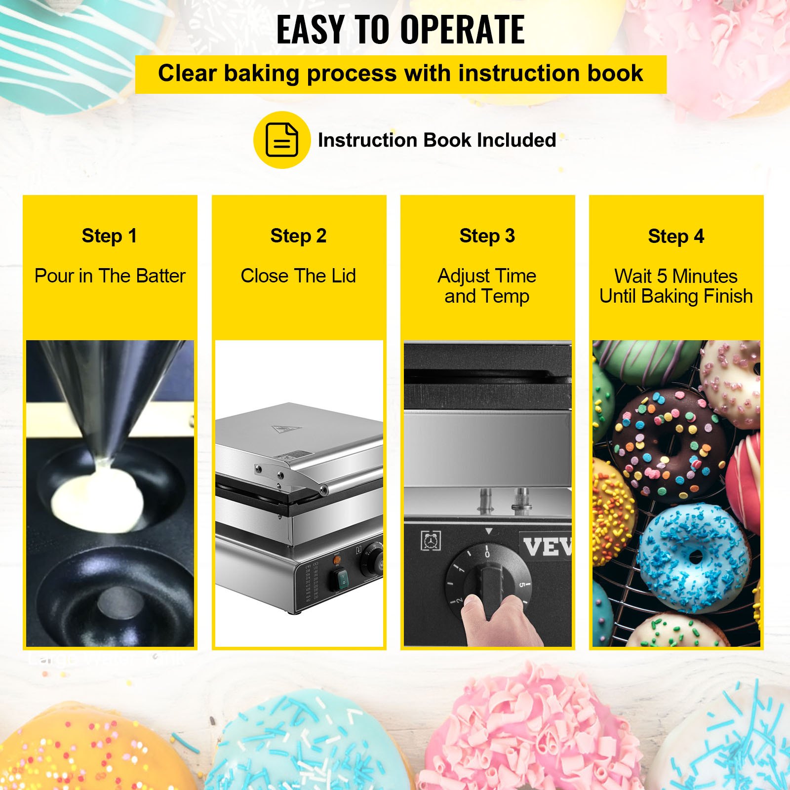 easy steps for using VEVOR electric donut maker to create delicious donuts.