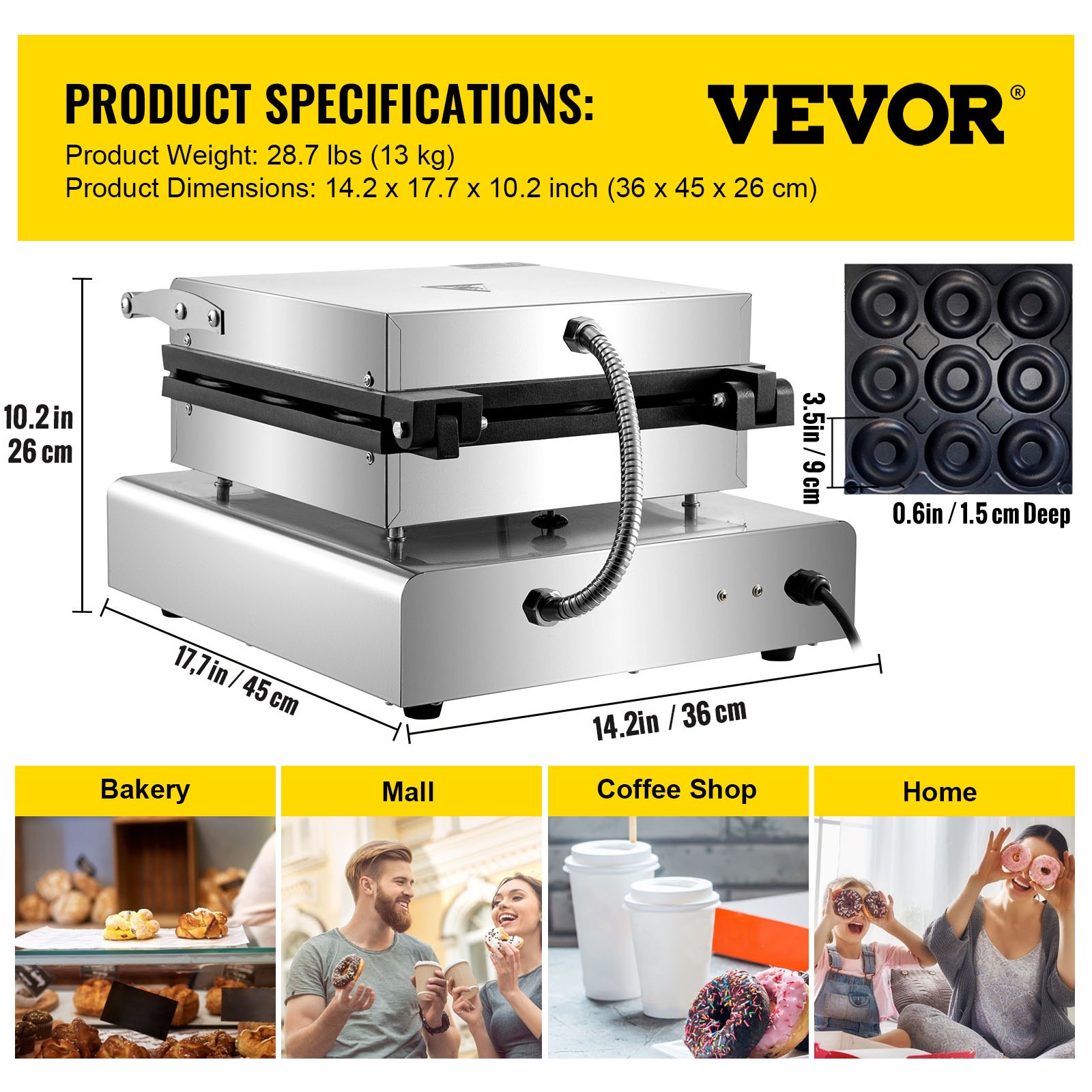 VEVOR electric donut maker: 28.7 lbs, 14.2x17.7x10.2 inches, ideal for bakery, mall, home.