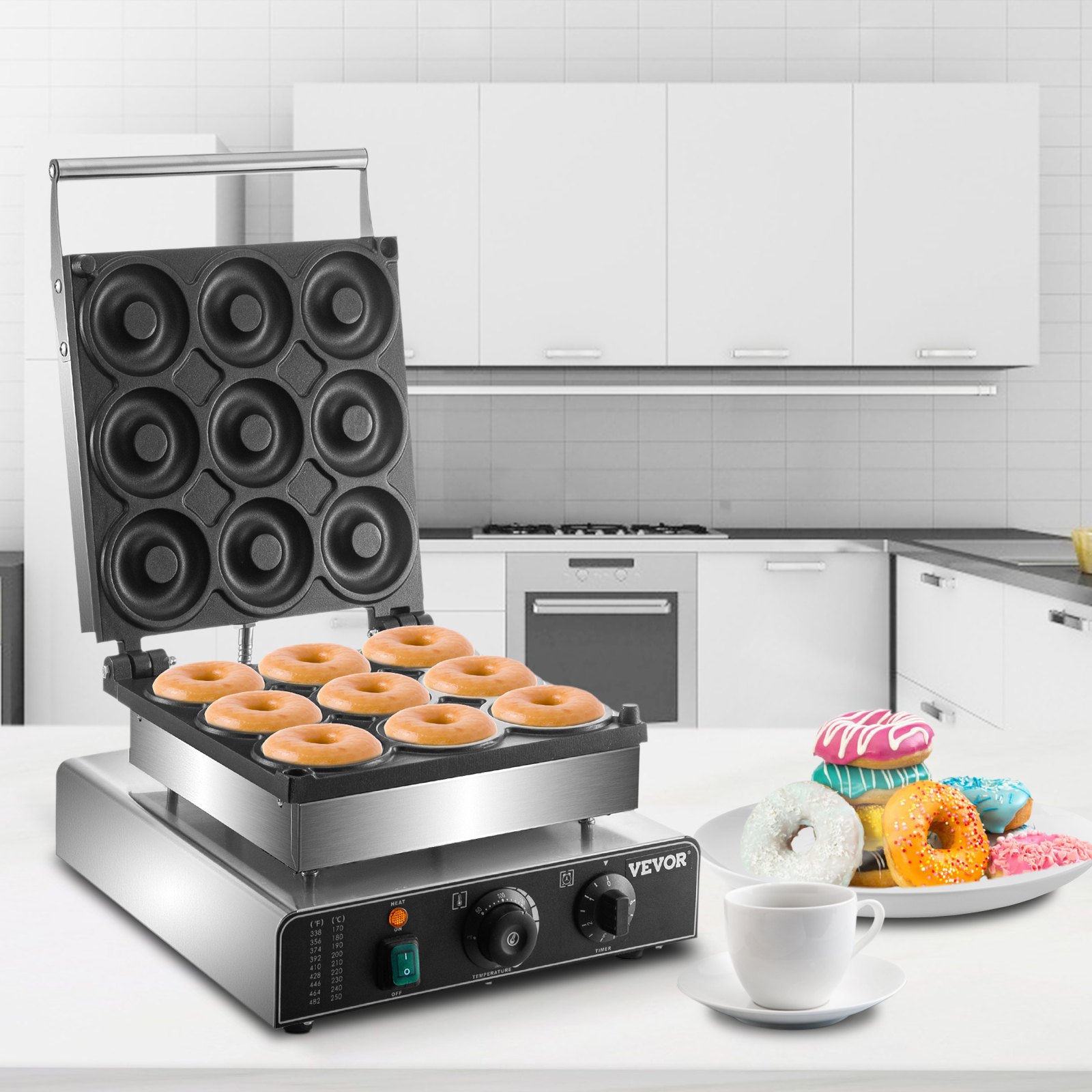 VEVOR electric donut maker in a kitchen with freshly baked donuts and a cup of coffee.