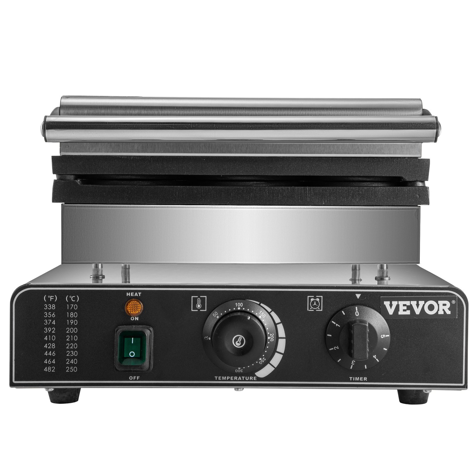 VEVOR electric donut maker with temperature and timer controls in black and stainless steel.