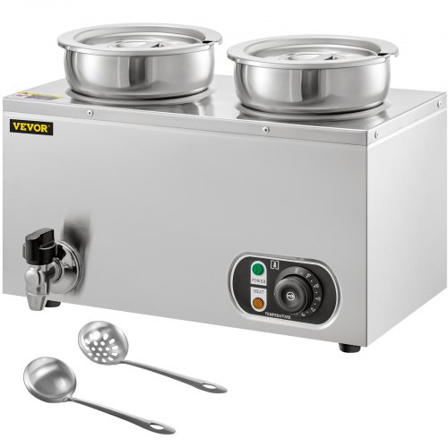 VEVOR 110V Commercial Soup Warmer 14.8 Qt Capacity, 500W Electric Food Warmer Adjustable Temp.86-185℉, Stainless Steel Countertop Soup Pot with Tap, Bain Marie Food Warmer for Cheese/Hot Dog/Rice