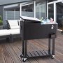 VEVOR rolling ice chest cooler on a patio with drinks inside, next to outdoor furniture.