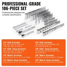 VEVOR Socket Set, 1/4" and 3/8" Drive Socket and Ratchet Set, 6-Point Socket Opening, 106 Pcs Tool Set SAE and Metric, Deep and Standard Sockets, 5/32-1 in, 5-19 mm, with Accessories, Storage Case