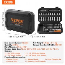 VEVOR Socket Set, 1/4 Inch Drive Socket and Ratchet Set, 6-Point Socket Opening, 54 Pieces Tool Set SAE and Metric, Deep and Standard Sockets, 5/32-9/16 in, 4-14 mm, with Accessories, Storage Case